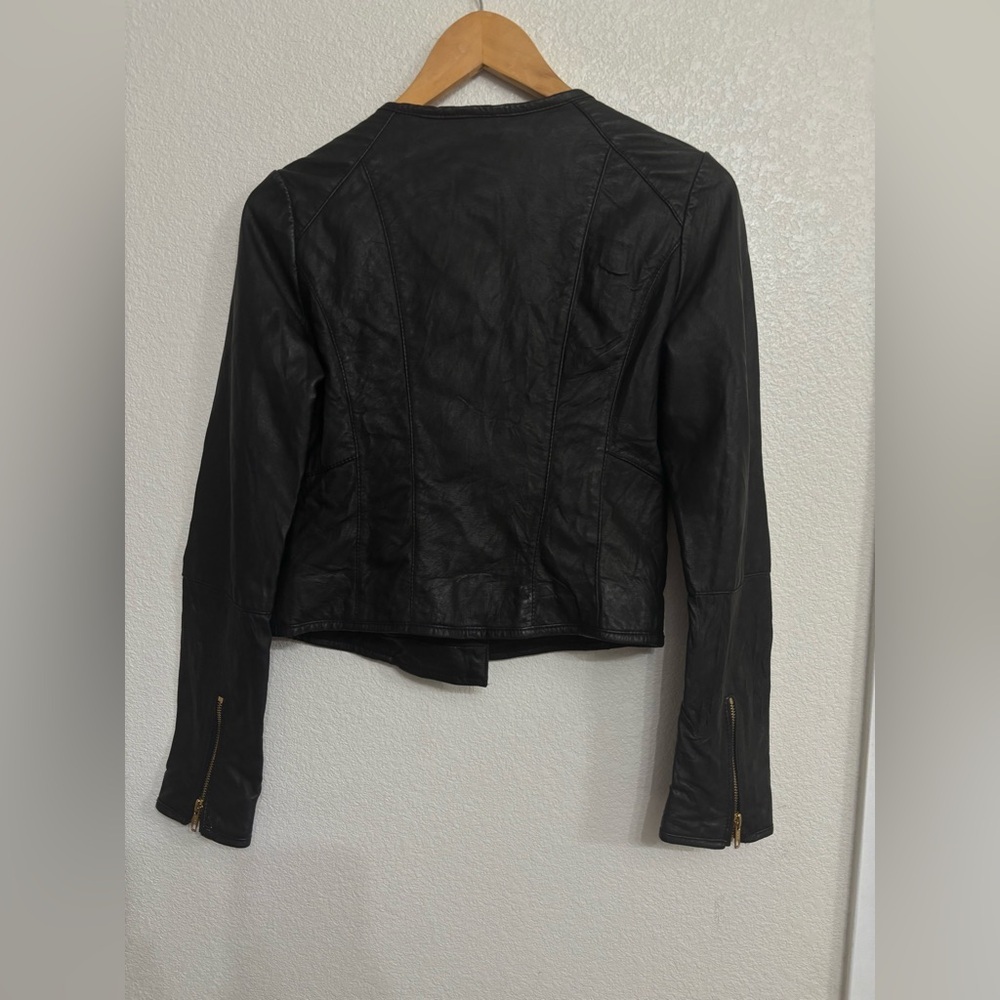 Anthropologie Idra Black Leather Moto Jacket Gold Zip Cropped Biker Edgy Chic - Picture 2 of 14